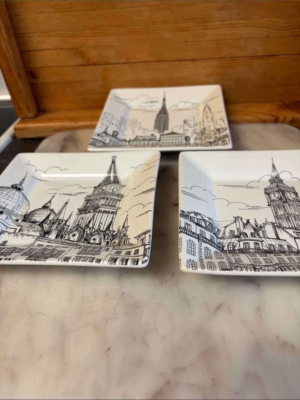 Three 222 Fifth White Ceramic Decorative Plate with Black Cityscape Illustration - Picture 6 of 7